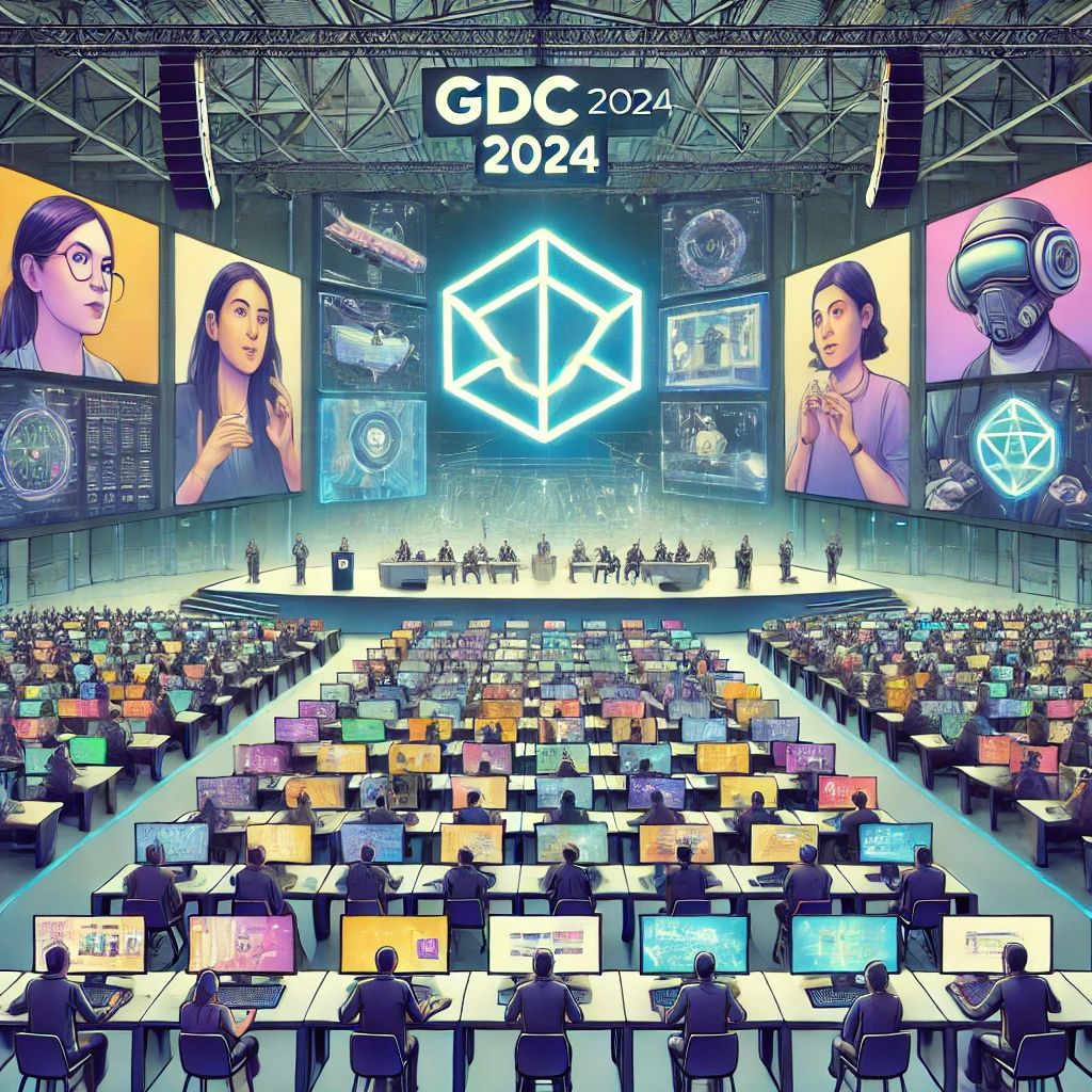 DALLE 2025-01-23 114219 - An illustration depicting a futuristic conference scene at GDC 2024 with diverse speakers and cutting-edge gaming technology being displayed on large - innovaTopia