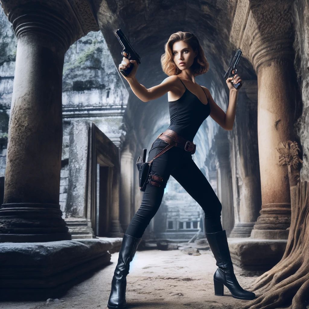 DALLE-2024-04-08-003203-A-Western-woman-in-a-black-tank-top-and-true-hot-pants-emphasizing-the-short-length-of-the-hot-pants-that-expose-her-thighs-holding-pistols-in-both- - innovaTopia
