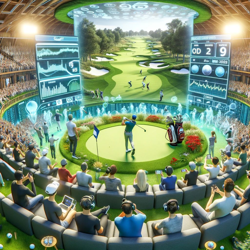 DALLE 2024-04-10 082835 - Visualize a scene where the gallery of spectators is participating in a futuristic golf competition through an online virtual environment People are - innovaTopia