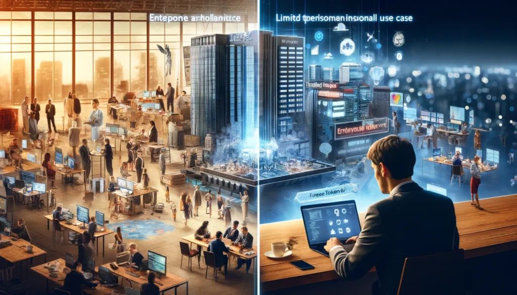 DALLE-2024-04-10-095458-Create-a-split-screen-image-On-one-side-depict-a-corporate-office-filled-with-professionals-using-advanced-technology-symbolizing-the-enterprise-fo - innovaTopia