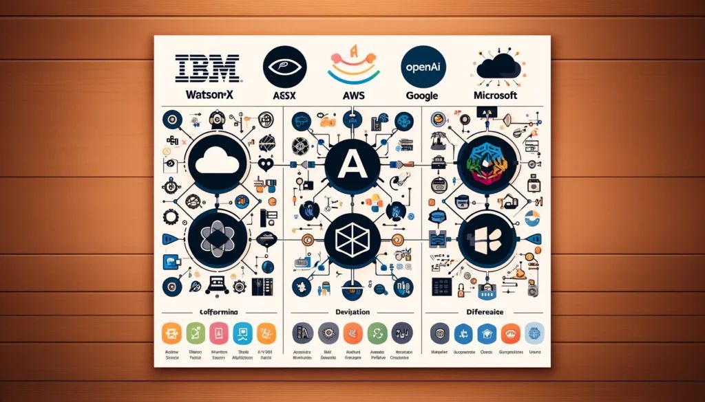 DALLE 2024-04-10 095523 - Create a comparison chart featuring the logos of IBM watsonx AWS Google Microsoft and OpenAI Beside each logo include icons and brief text highl - innovaTopia