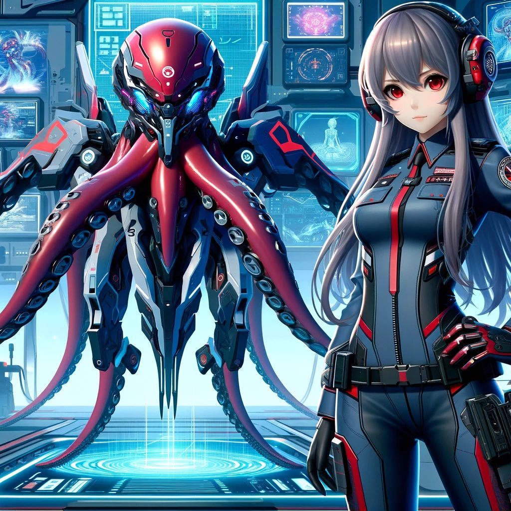 DALLE-2024-04-13-103209-A-futuristic-super-AI-with-an-octopus-theme-depicted-in-a-Japanese-anime-style-standing-next-to-a-Japanese-female-pilot-The-pilot-is-wearing-a-slee - innovaTopia