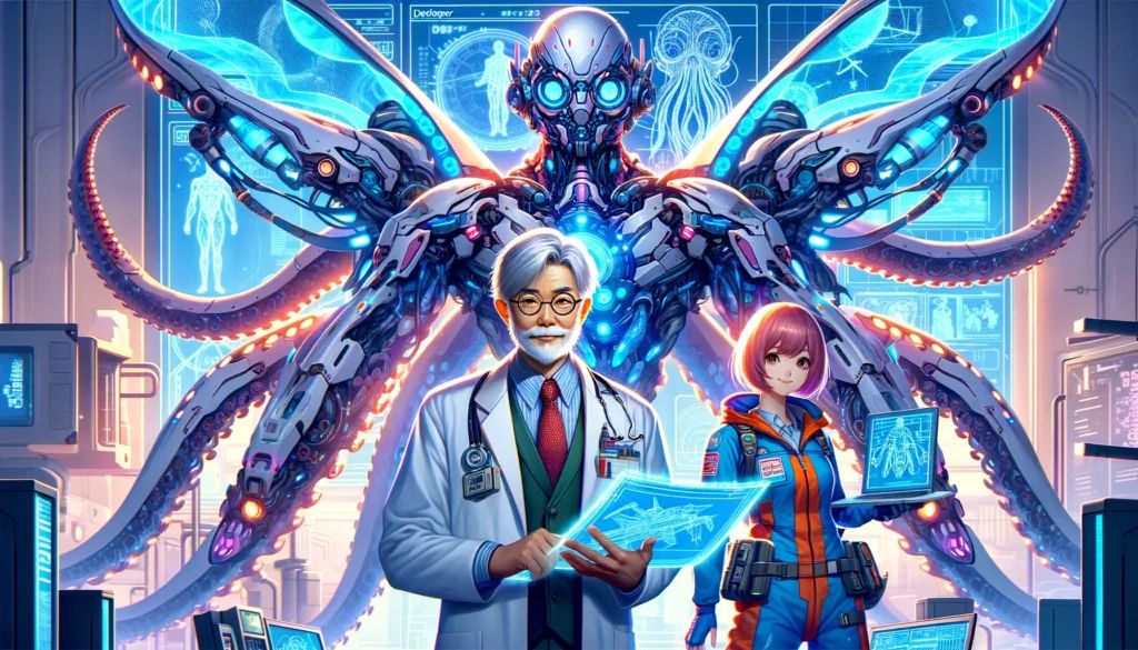 DALLE-2024-04-13-103304-A-dynamic-scene-in-a-Japanese-anime-style-featuring-a-futuristic-super-AI-with-an-octopus-theme-a-Japanese-female-pilot-and-a-developer-portrayed-as - innovaTopia
