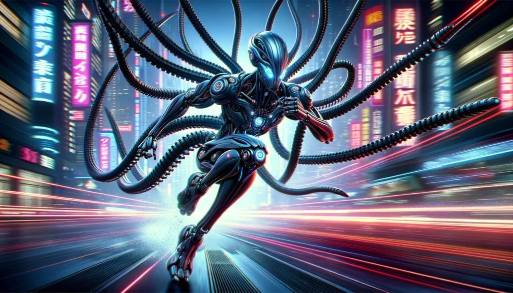 DALLE-2024-04-13-103748-A-cybernetic-octopus-themed-AI-running-at-high-speed-depicted-in-a-Japanese-anime-style-The-AI-features-a-sleek-robotic-design-with-multiple-tentac - innovaTopia