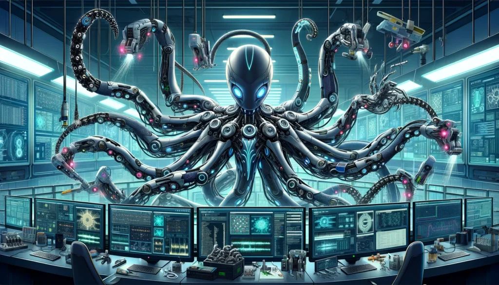 DALLE-2024-04-13-103956-A-cybernetic-octopus-themed-AI-performing-multiple-precise-tasks-simultaneously-depicted-in-a-Japanese-anime-style-The-AI-is-designed-with-a-sleek- - innovaTopia