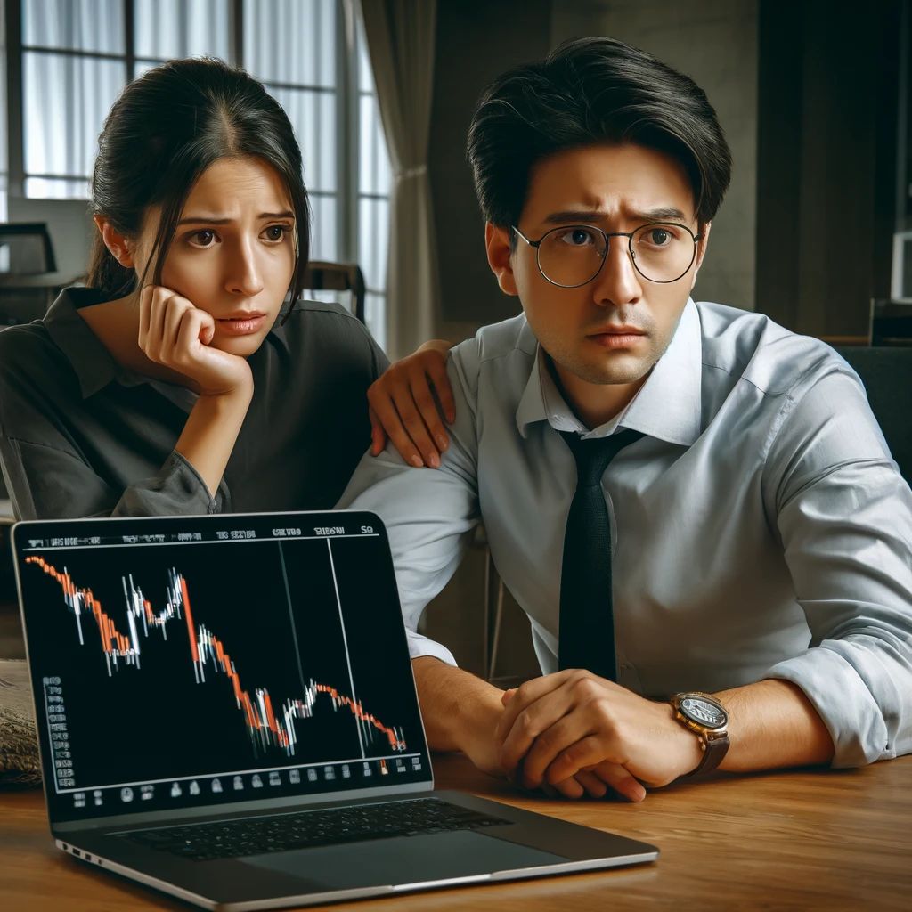 DALLE 2024-04-14 215200 - A worried man and woman sitting together at a desk looking at a laptop screen showing a downward trending chart symbolizing a sudden drop in Bitcoin - innovaTopia