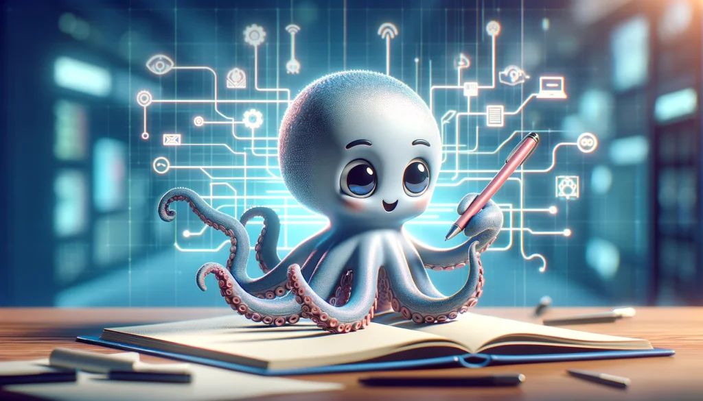 DALLE-2024-04-18-162909-A-wide-image-featuring-a-cute-octopus-character-actively-drawing-or-writing-in-a-notebook-The-octopus-representing-an-advanced-AI-agent-is-depicted - innovaTopia