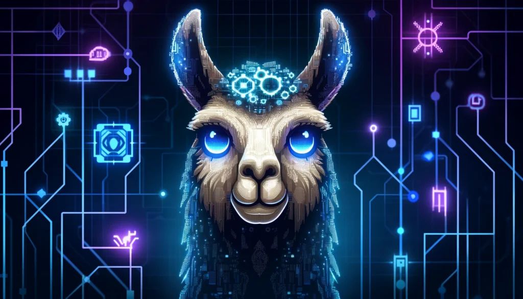 DALLE-2024-04-19-141506-A-futuristic-high-tech-background-with-neon-lights-and-circuits-In-the-center-a-large-stylized-llama-face-looks-out-with-glowing-blue-eyes-and-a- - innovaTopia