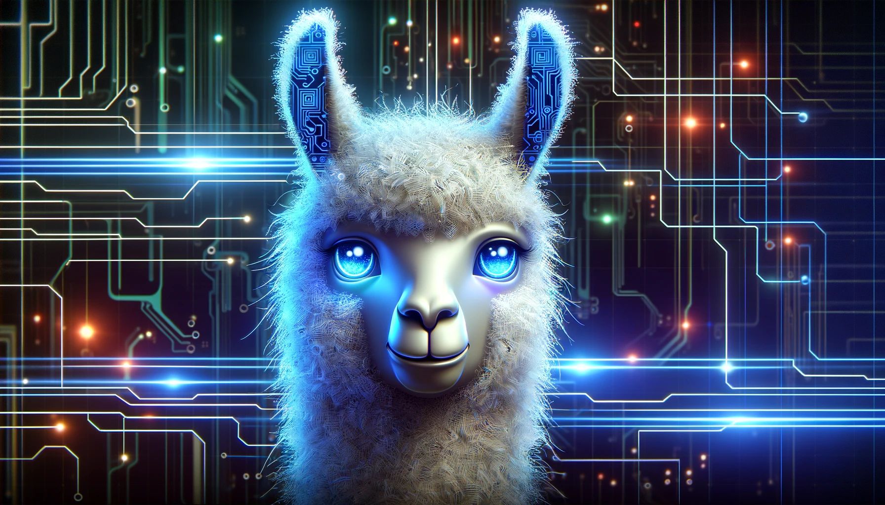 DALLE 2024-04-19 141509 - A futuristic high-tech background with neon lights and circuits In the center a large stylized llama face looks out with glowing blue eyes and a - innovaTopia