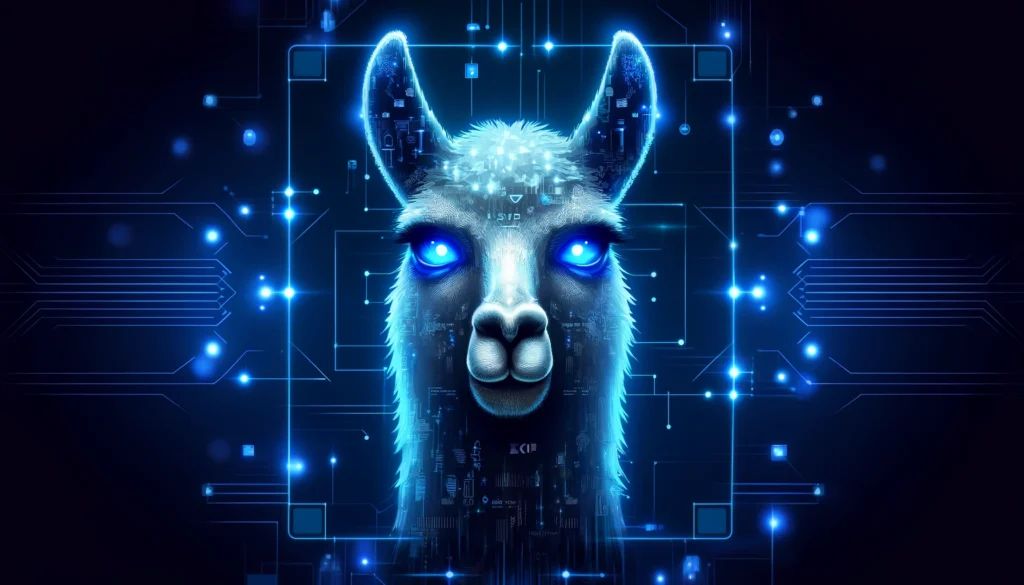 DALLE-2024-04-19-141734-A-futuristic-high-tech-background-with-neon-lights-and-circuits-In-the-center-a-large-stylized-llama-face-looks-out-with-glowing-blue-eyes-and-a- - innovaTopia