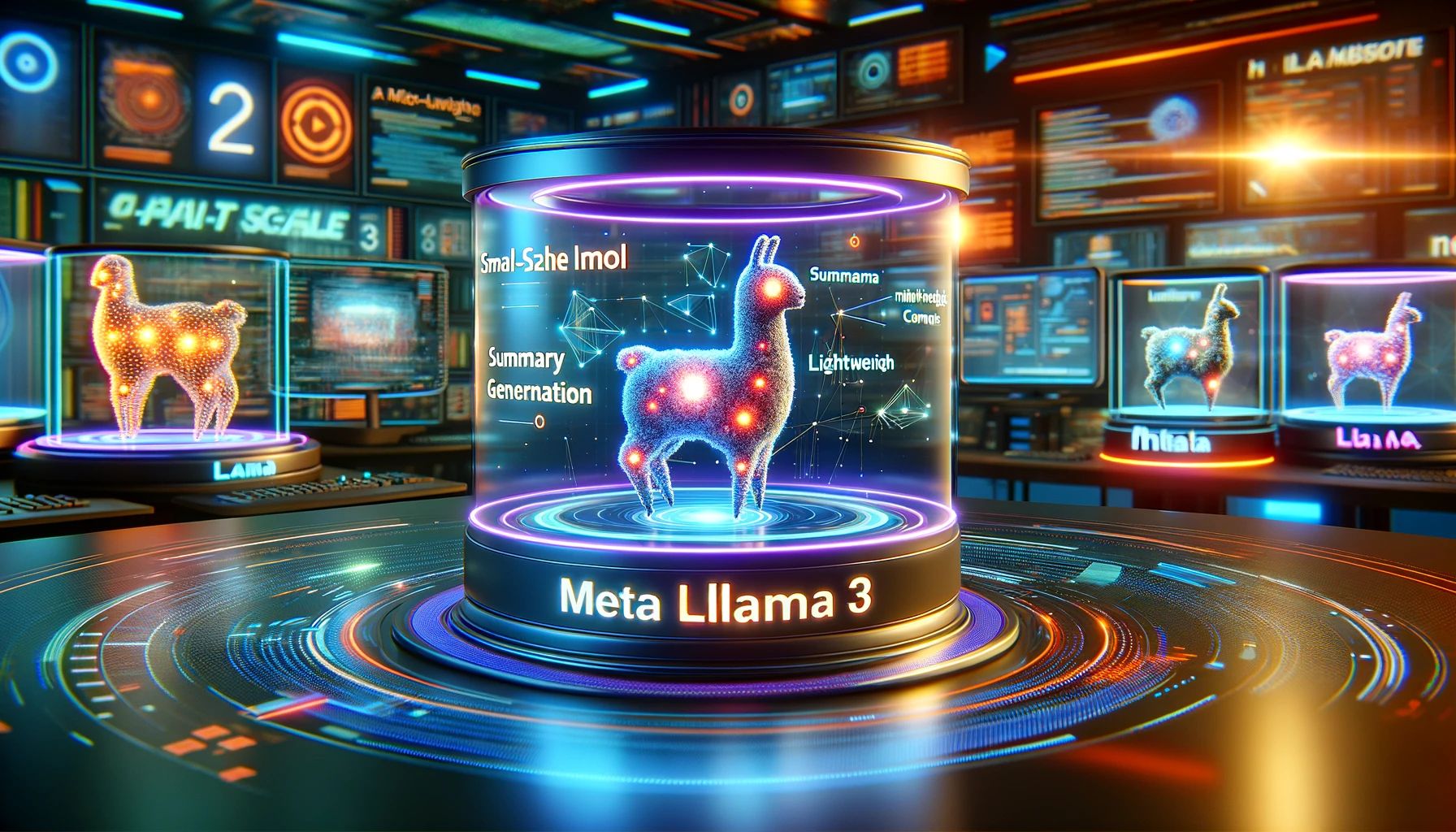 DALLE 2024-04-19 151707 - A vibrant high-tech digital workspace illustrating the launch of Metas Llama 3 small-scale lightweight model The scene includes a digital display s - innovaTopia
