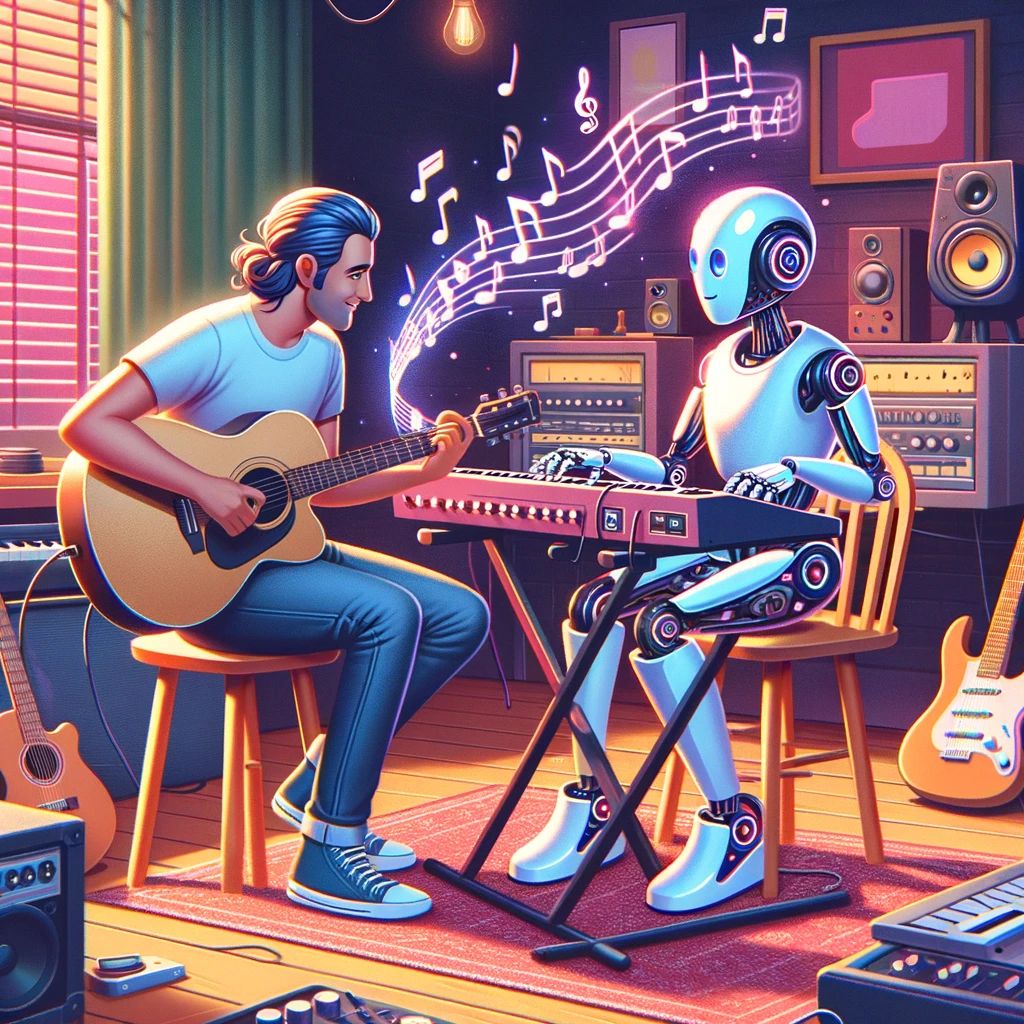 DALLE-2024-04-23-225312-A-digital-illustration-depicting-a-friendly-jam-session-between-a-musician-and-an-AI-The-scene-shows-a-human-musician-playing-a-guitar-and-an-AI-enti - innovaTopia