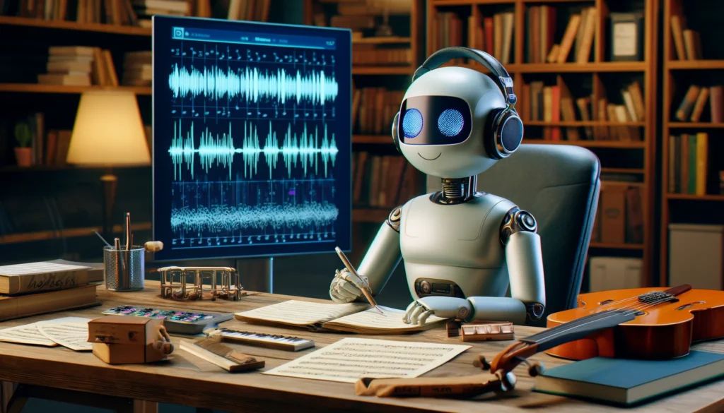 DALLE-2024-04-23-225544-A-wide-digital-illustration-showing-an-AI-character-as-a-student-of-music-The-AI-depicted-as-a-friendly-robot-with-a-sleek-design-is-sitting-at-a-l - innovaTopia