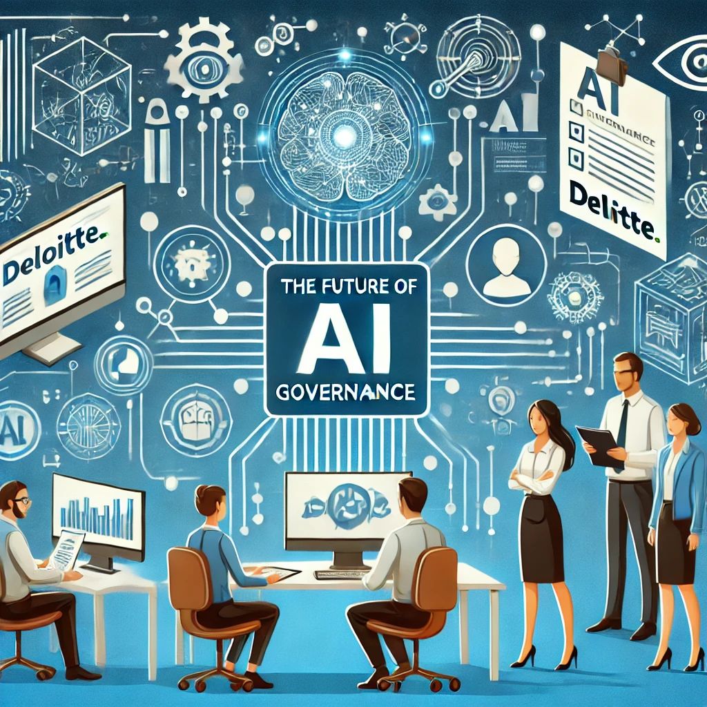 DALLE 2024-06-25 093705 - Illustration exploring the future of AI governance with Deloitte experts discussing the topic The image features AI governance symbols futuristic e - innovaTopia