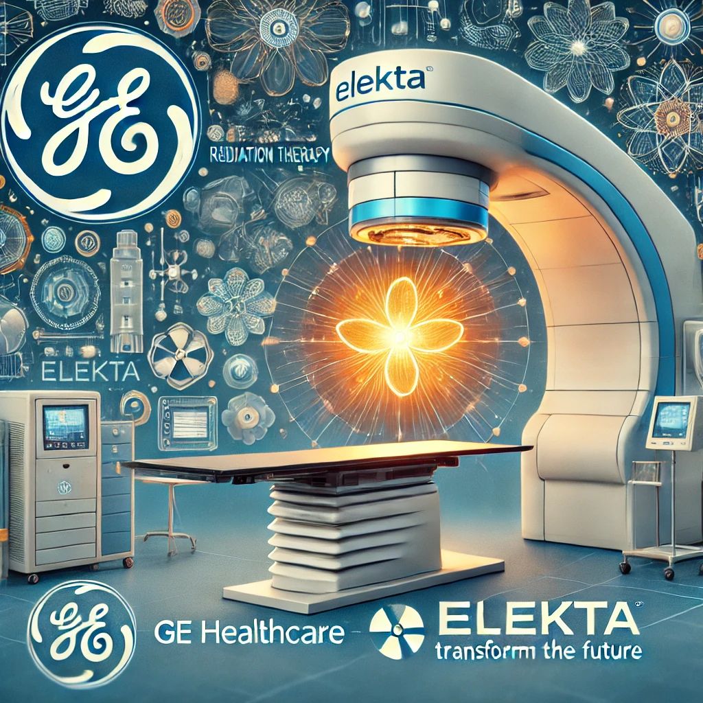 DALLE 2024-07-06 045409 - An illustration showing the logos of GE HealthCare and Elekta with elements of radiation therapy highlighting a new partnership that aims to transfor - innovaTopia