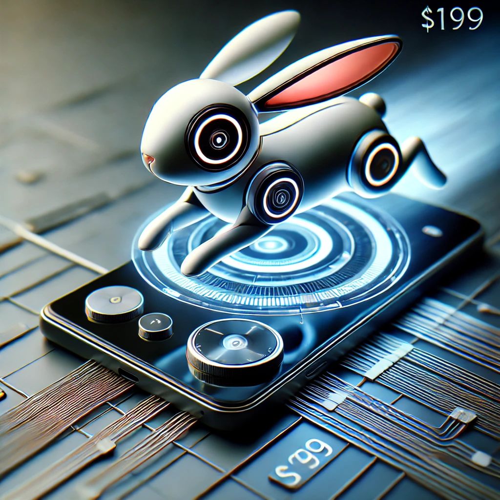 DALLE 2024-09-12 055933 - An eye-catching image of the 9 AI gadget Rabbit R1 highlighting its sleek innovative design and easy-to-use features The image should show the - innovaTopia