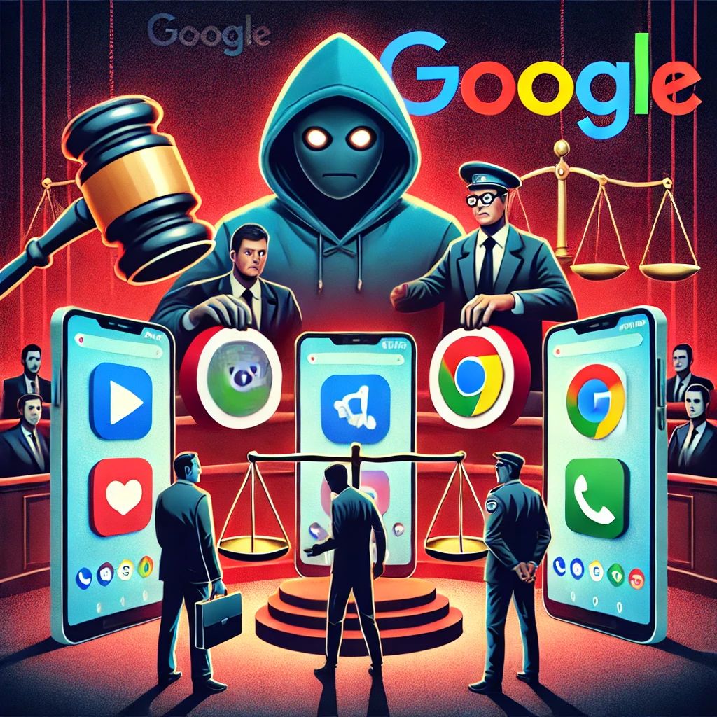 DALLE 2024-09-18 050504 - An illustration showing a group of scammers with fake apps targeting users via smartphones Depict mobile phones with malicious apps glowing in red - innovaTopia