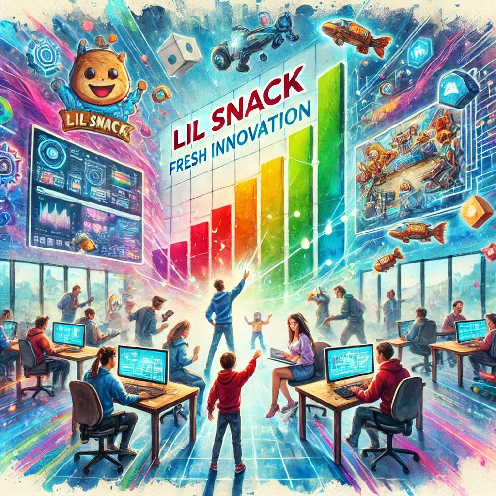 DALLE 2024-09-19 055518 - A dynamic watercolor painting showing the rapid rise of Lil Snack a gaming company using AI to bring fresh innovation to the industry In the foregro - innovaTopia