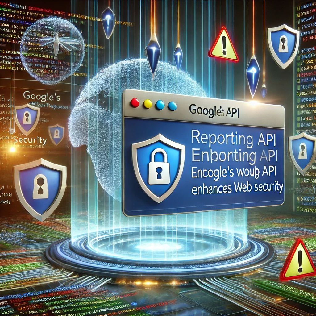 DALLE 2024-10-01 063037 - A futuristic illustration showing how Googles Reporting API enhances web security The image includes a browser window with security alerts and code - innovaTopia