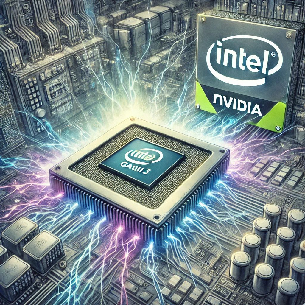 DALLE 2024-10-03 070228 - Watercolor illustration of Intels Gaudi 3 AI chip challenging Nvidia The image shows a futuristic tech setting with two AI chips in the foregroundI - innovaTopia