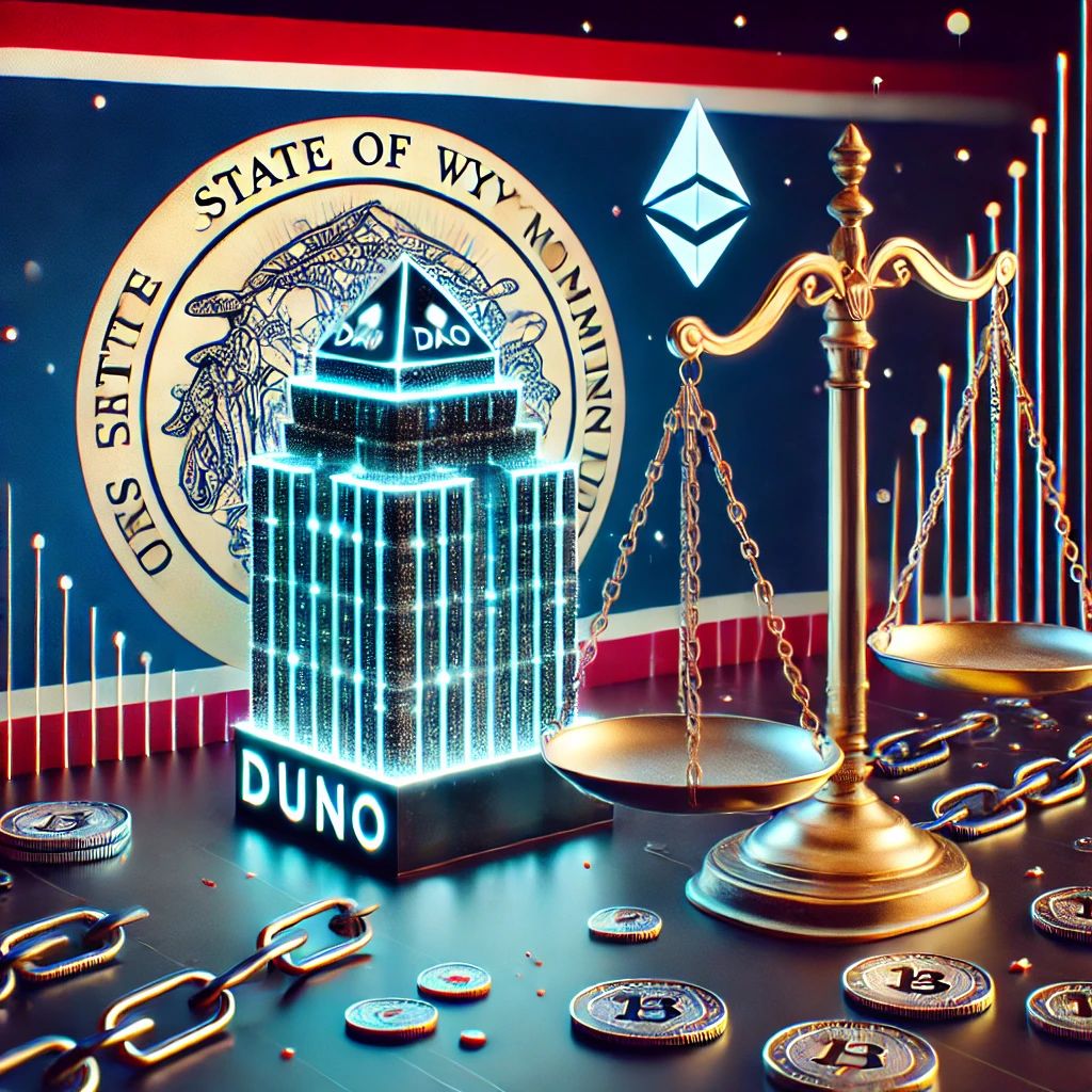 DALLE 2024-10-11 082043 - An illustration of the state of Wyomings flag with a futuristic twist In the foreground a digital representation of a DAO Decentralized Autonomous - innovaTopia
