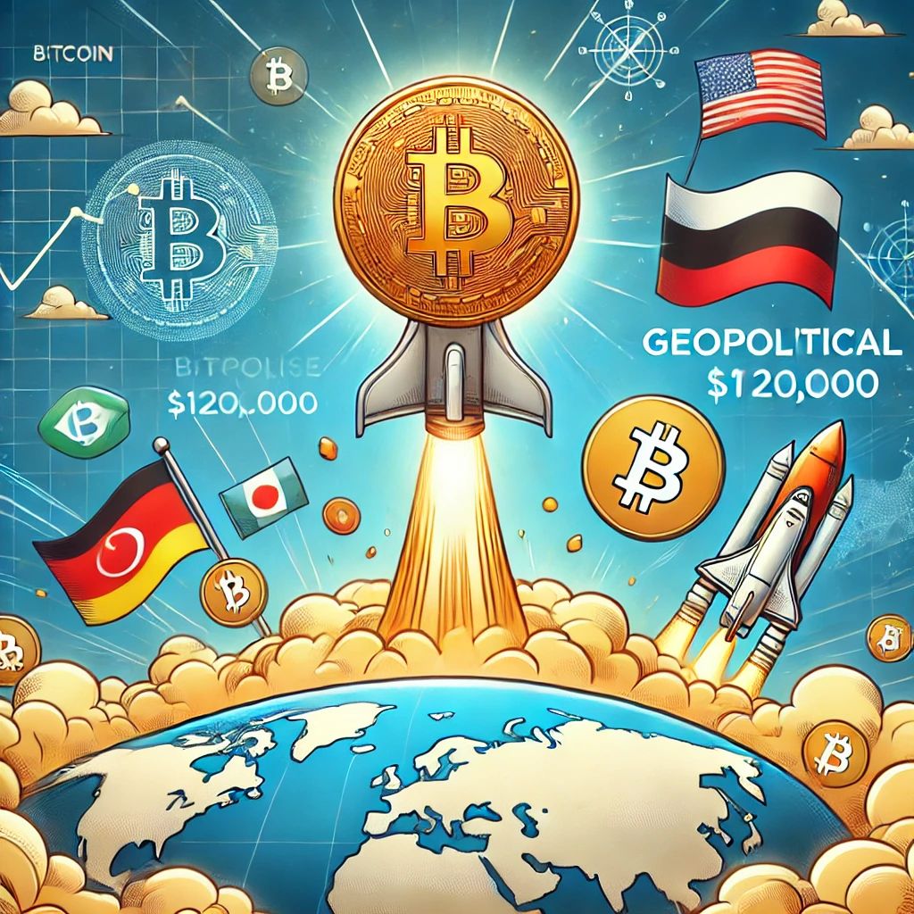 DALLE 2024-10-21 062509 - An illustration predicting a rapid surge of Bitcoin price to 0000 due to geopolitical factors The image shows Bitcoin skyrocketing through the cl - innovaTopia