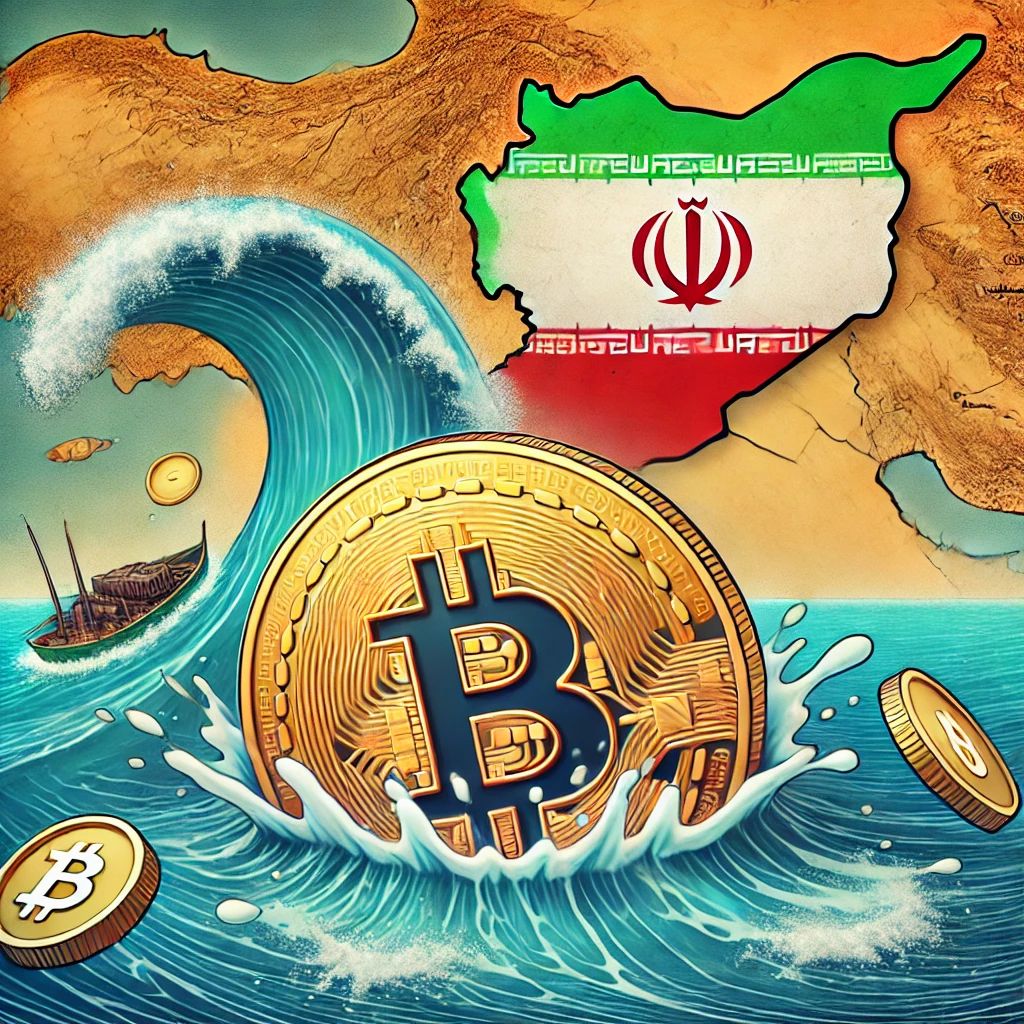 DALLE 2024-10-21 062531 - An illustration showing the impact of the Israel-Iran conflict on Bitcoin with the price dropping below 000 The image features Bitcoin sinking b - innovaTopia