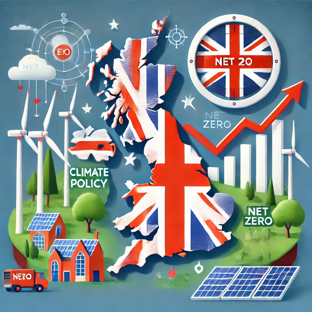 DALLE 2024-11-09 010025 - Illustration of the United Kingdom with a focus on climate policy symbols like wind turbines solar panels and a graph showing a challenging path tow - innovaTopia