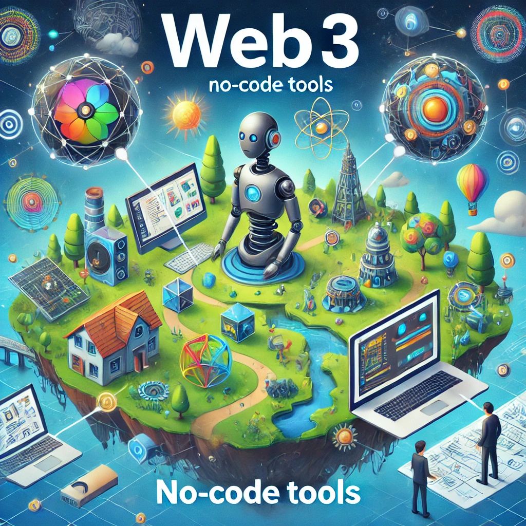 DALLE 2025-01-23 114256 - An imaginative illustration featuring a Web3 gaming interface with AI inhabitants creating a futuristic creative landscape highlighting no-code tool - innovaTopia