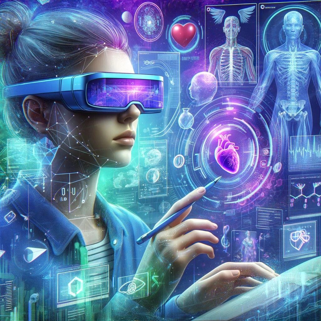 DALLE 2024-05-20 082232 - A futuristic illustration of a person wearing AR smart glasses with virtual holograms and digital information overlaid on the real world The scene c - innovaTopia