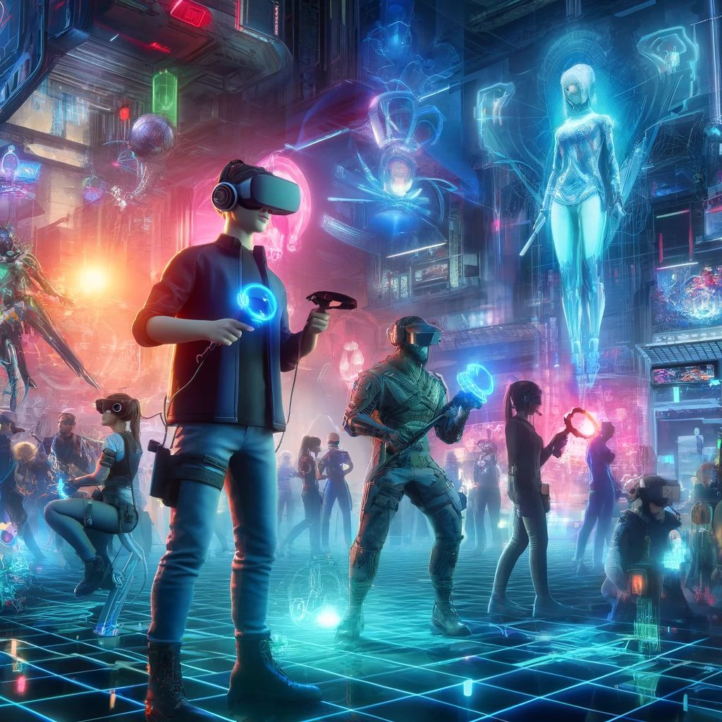 DALLE 2024-05-21 071021 - A futuristic virtual reality gaming event showcasing the latest VR_MR games and technology People are wearing VR headsets and controllers surrounded - innovaTopia