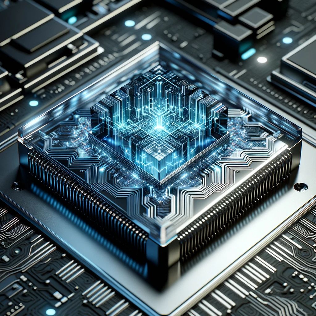 DALLE 2024-05-22 080447 - A highly detailed photorealistic rendering of a futuristic computer chip made of a new type of artificial quartz The chip features intricate circuit - innovaTopia