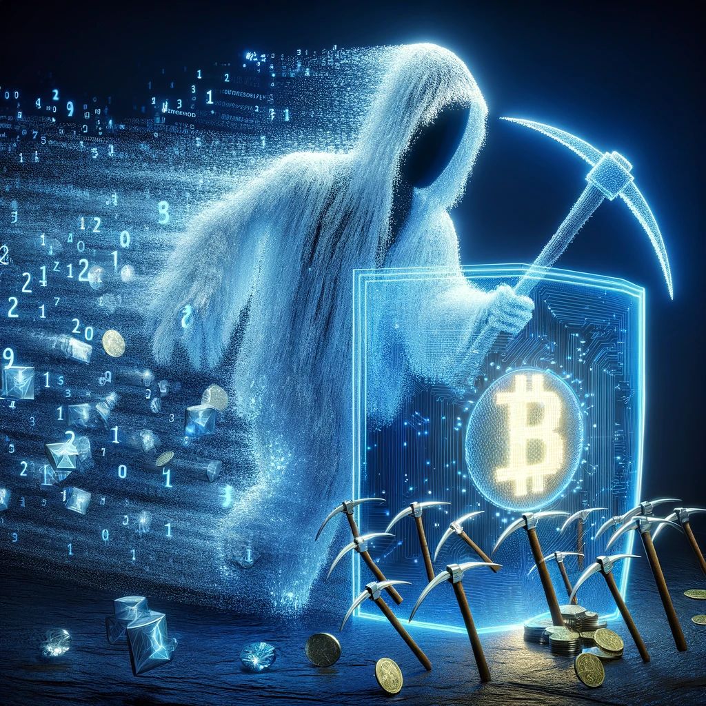 DALLE 2024-05-23 074845 - A ghostly figure made of code disabling a security shield and unleashing a swarm of pickaxes to mine for cryptocurrency The scene is dynamic with th - innovaTopia