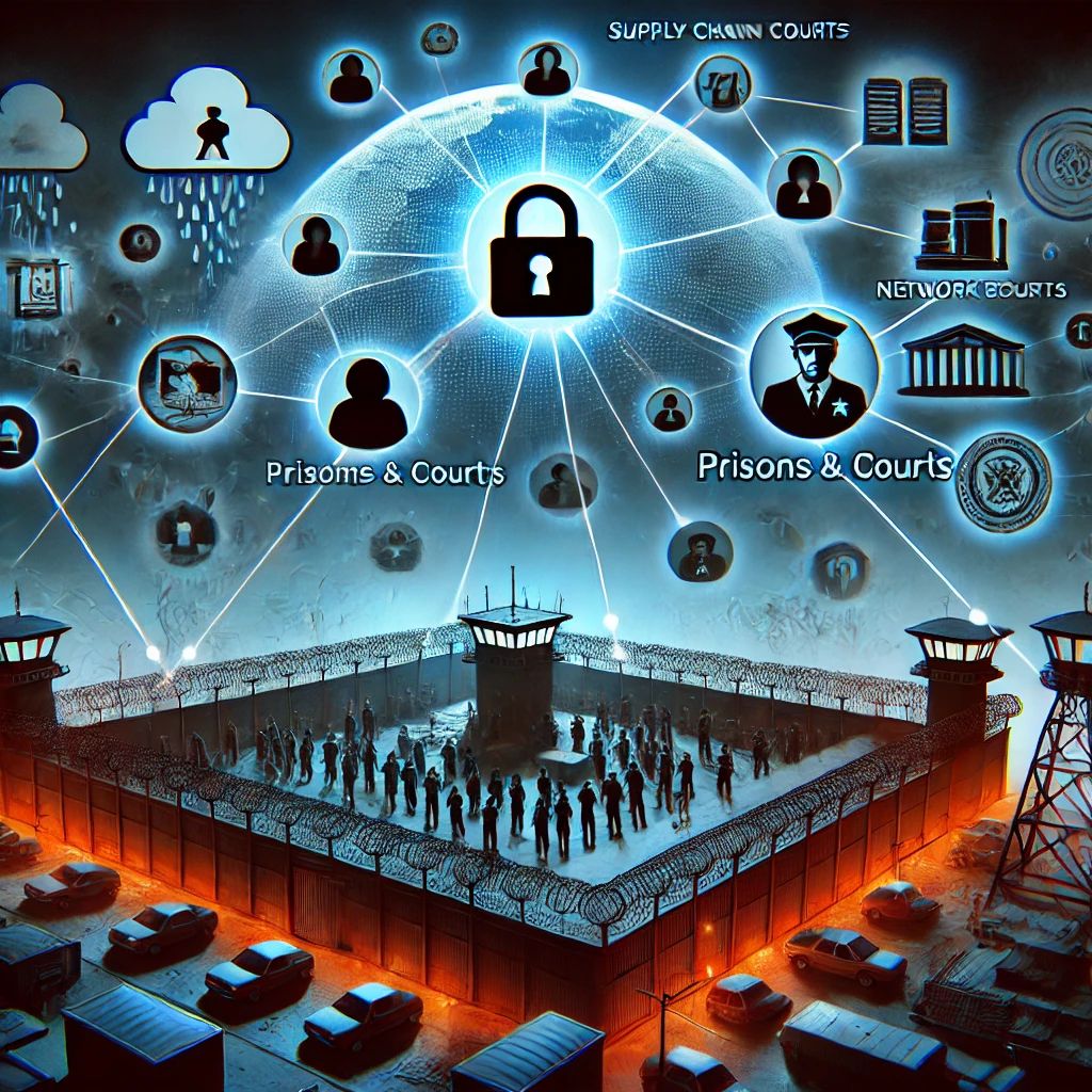 DALLE 2024-06-25 080126 - Illustration depicting a supply chain attack on prisons and courts showing a network breach affecting over 10000 institutions A dramatic scene with - innovaTopia