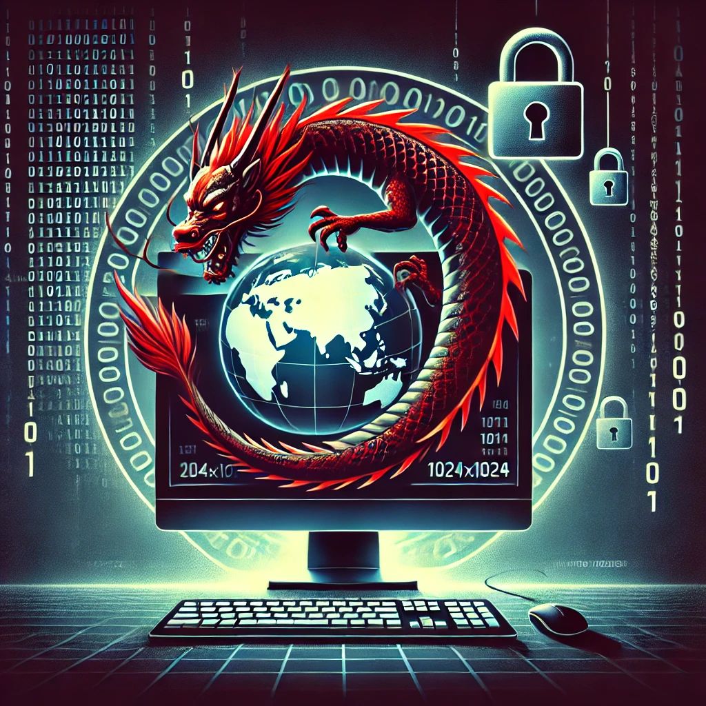 DALLE 2024-06-29 075307 - An illustration of a computer with a Chinese dragon emerging from the screen symbolizing cyber espionage The dragon is wrapped around a globe targe - innovaTopia