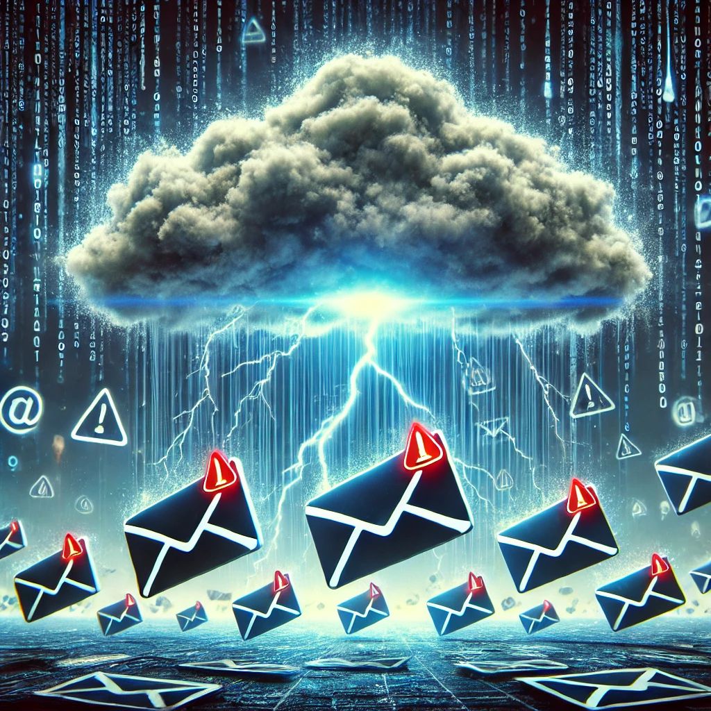 DALLE 2024-06-29 075315 - A dramatic scene of a digital storm cloud symbolizing Cloudflare hovering over email inboxes representing phishing attacks Lightning bolts strike - innovaTopia