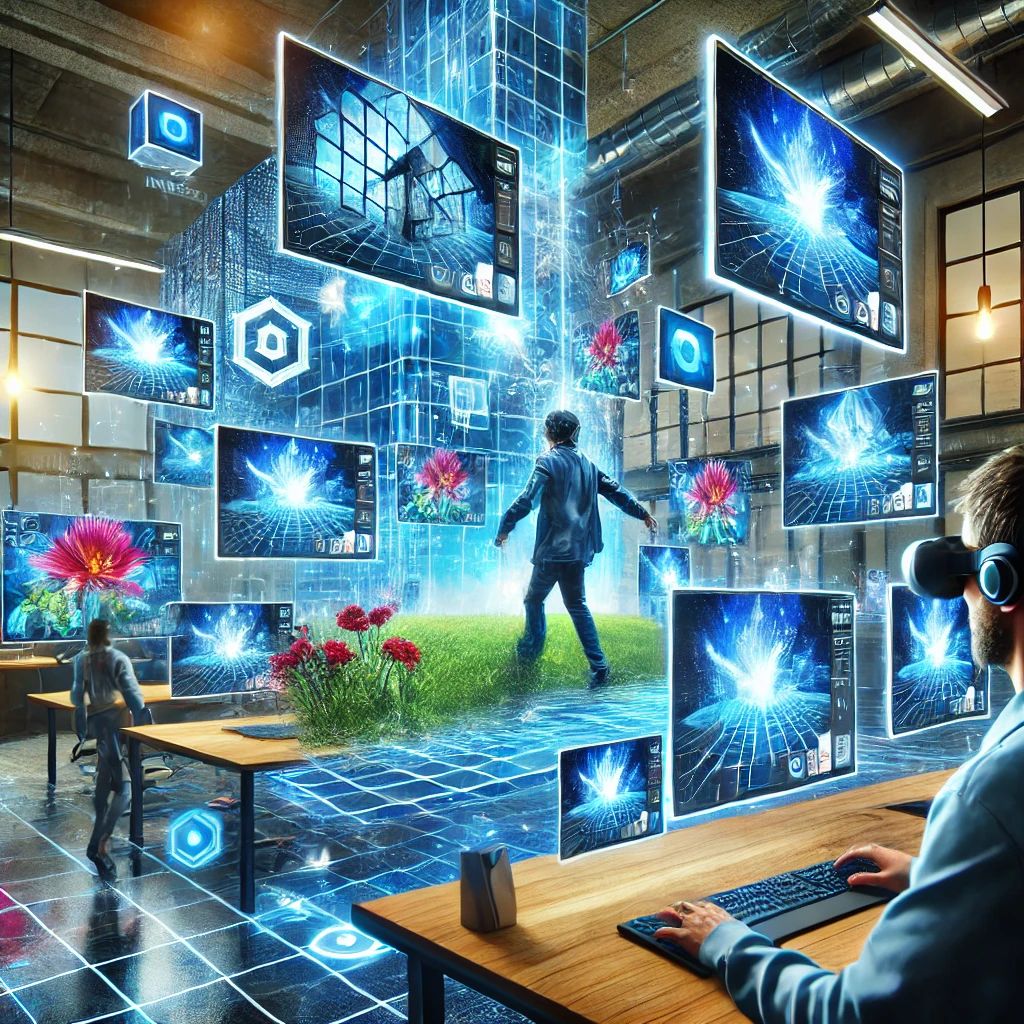 DALLE 2024-06-29 081127 - A vibrant scene of an office with multiple virtual monitors displayed in mid-air showcasing Immersed on Apple Vision Pro A user is interacting with - innovaTopia