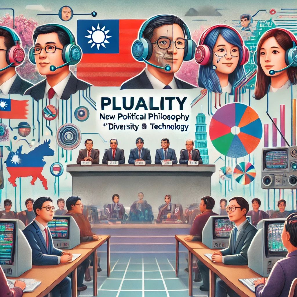 DALLE 2024-07-03 044409 - An illustration of a political debate in Taiwan featuring diverse speakers and advanced technology symbolizing the new political philosophy Pluralit - innovaTopia