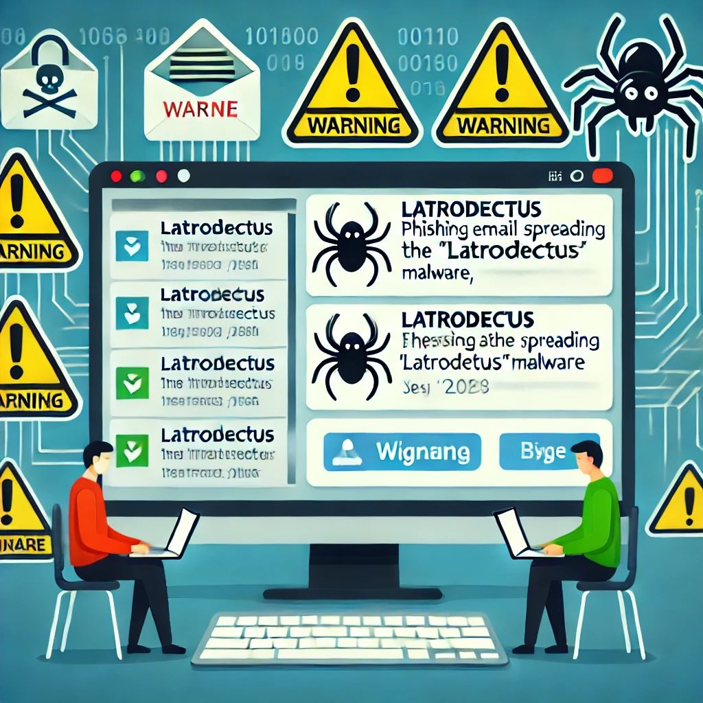 DALLE 2024-07-03 052010 - An illustration of a computer screen with phishing emails spreading the Latrodectus malware showing warning symbols a spider symbol and concerned - innovaTopia
