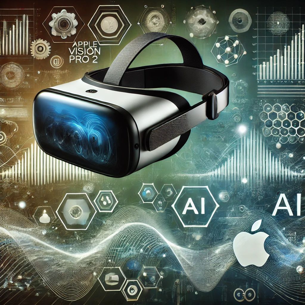 DALLE 2024-07-03 071100 - A futuristic scene with Apple Vision Pro 2 headset surrounded by digital waves and AI icons representing the rumors and advancements in technology T - innovaTopia