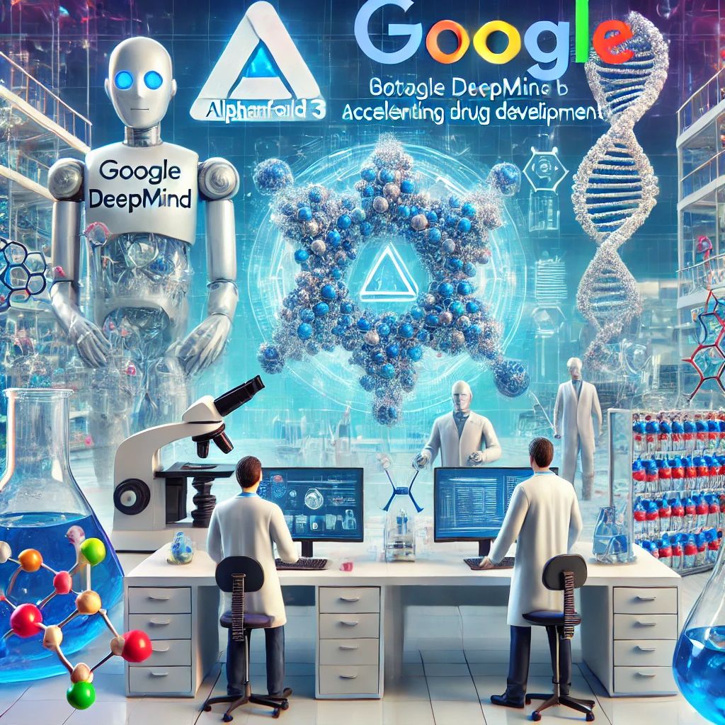 DALLE 2024-07-03 074352 - A scientific illustration featuring a futuristic lab with advanced AI equipment researchers analyzing molecular structures and a large AlphaFold 3 l - innovaTopia