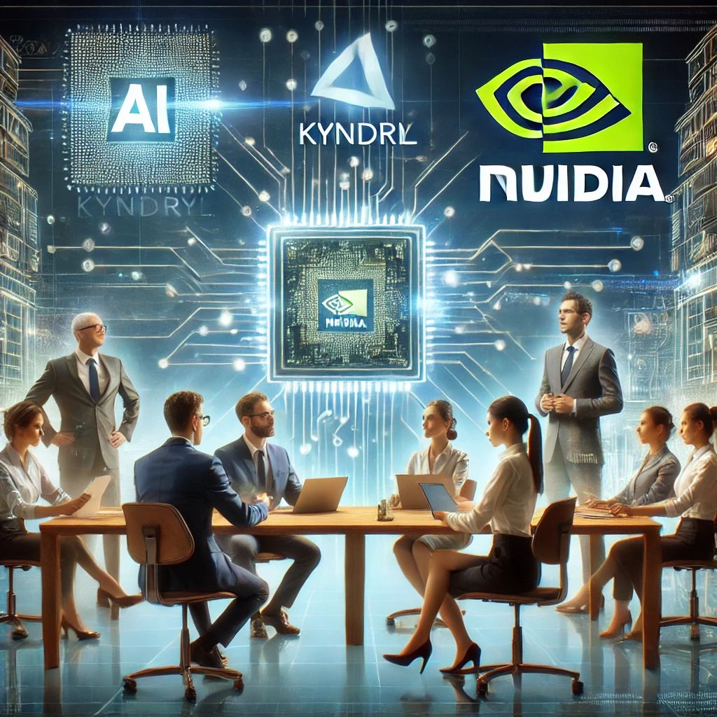 DALLE 2024-07-03 091738 - A corporate partnership scene with the Kyndryl and Nvidia logos showing professionals collaborating on AI projects The background features digital e - innovaTopia