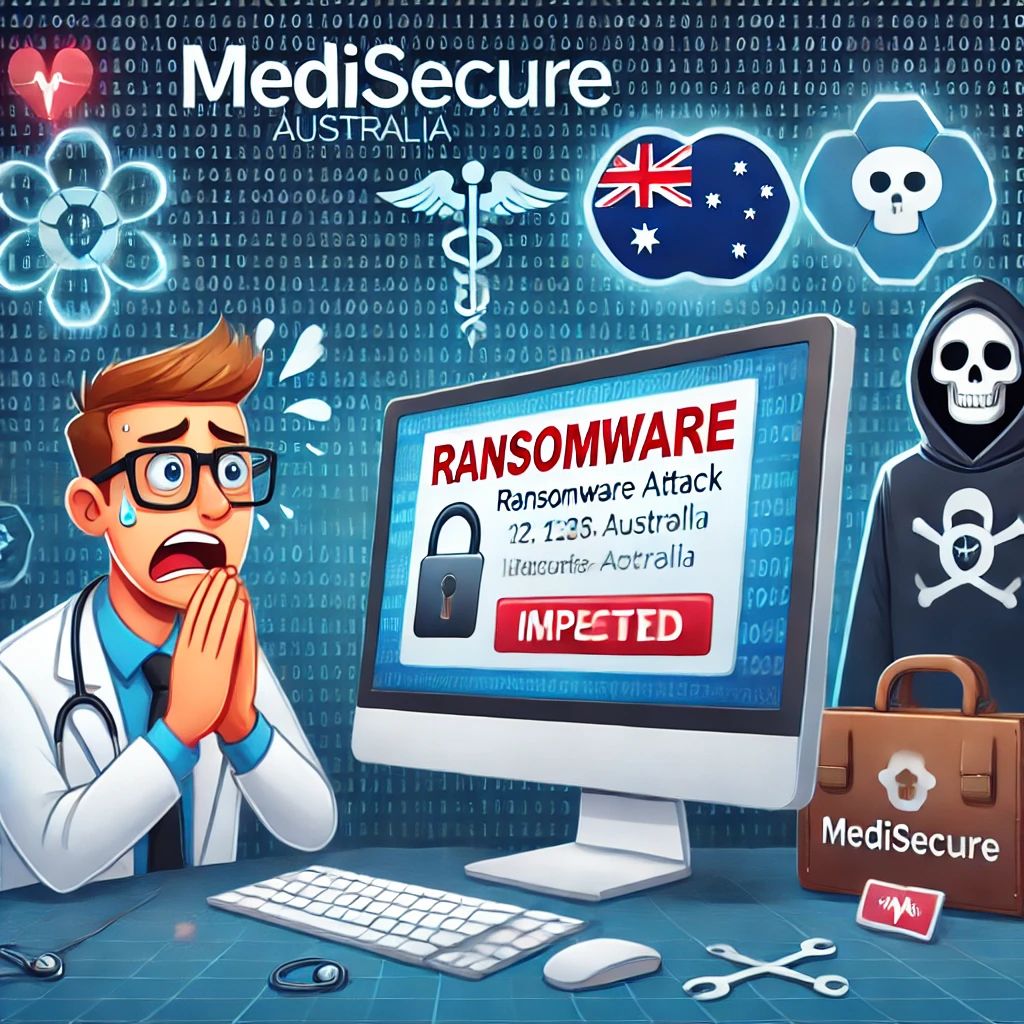 DALLE 2024-07-04 051957 - Illustration of MediSecure in Australia being impacted by a ransomware attack The scene shows a computer screen with a ransomware message a worried - innovaTopia