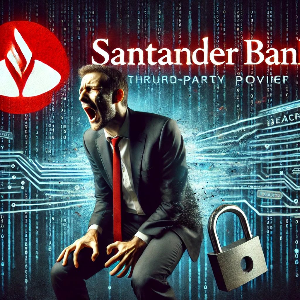 DALLE 2024-07-05 065118 - An image of a distressed banker with a Santander Bank logo in the background representing a data breach through a third-party provider The scene inc - innovaTopia
