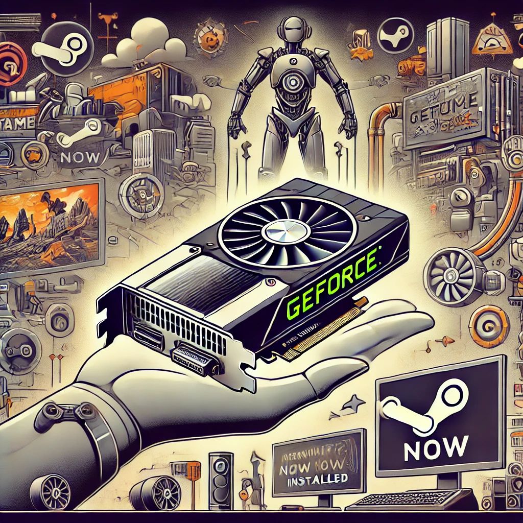 DALLE 2024-07-05 071658 - An illustration of a Steam Deck with GeForce Now being easily installed symbolizing the expansion of gaming experiences The background includes vari - innovaTopia