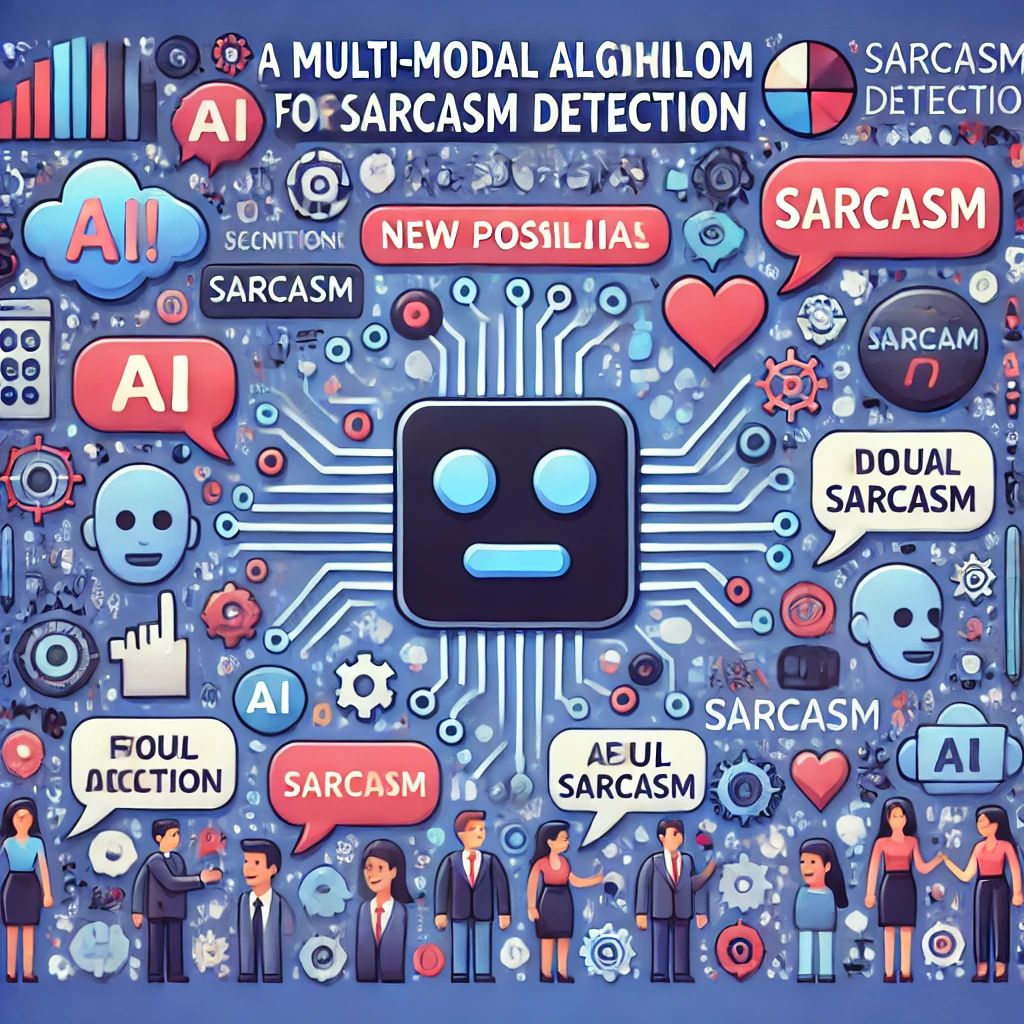 DALLE 2024-07-05 084133 - An illustration of a multi-modal algorithm for sarcasm detection showcasing its new possibilities The background includes AI elements speech bubble - innovaTopia