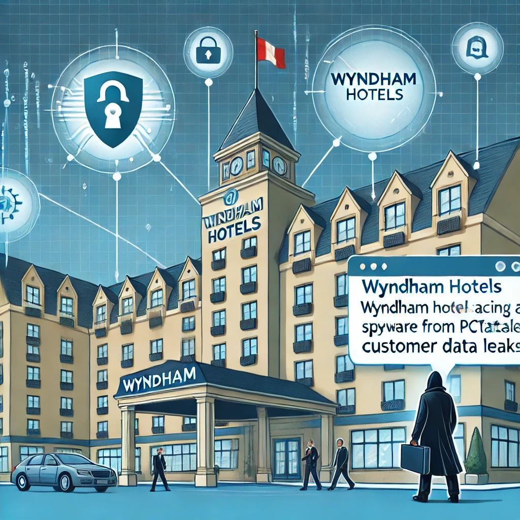 DALLE 2024-07-07 051716 - Illustration of Wyndham hotels facing a spyware threat from pcTattletale causing customer data leaks The image should depict elements of cybersecurit - innovaTopia