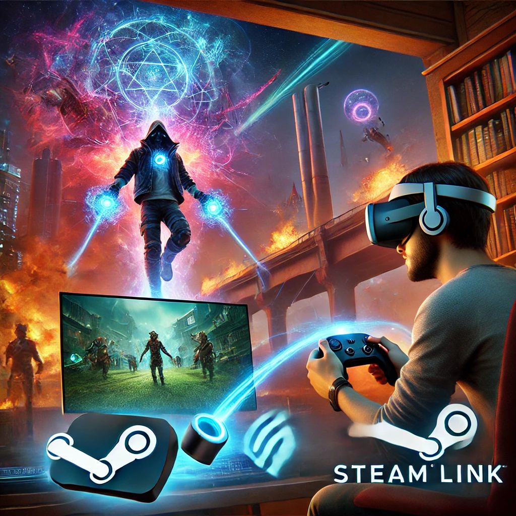 DALLE 2024-07-16 103034 - A dynamic scene showing Quest 3 connected wirelessly to a PC for VR gaming highlighting the Steam Link feature The image captures a player enjoying - innovaTopia