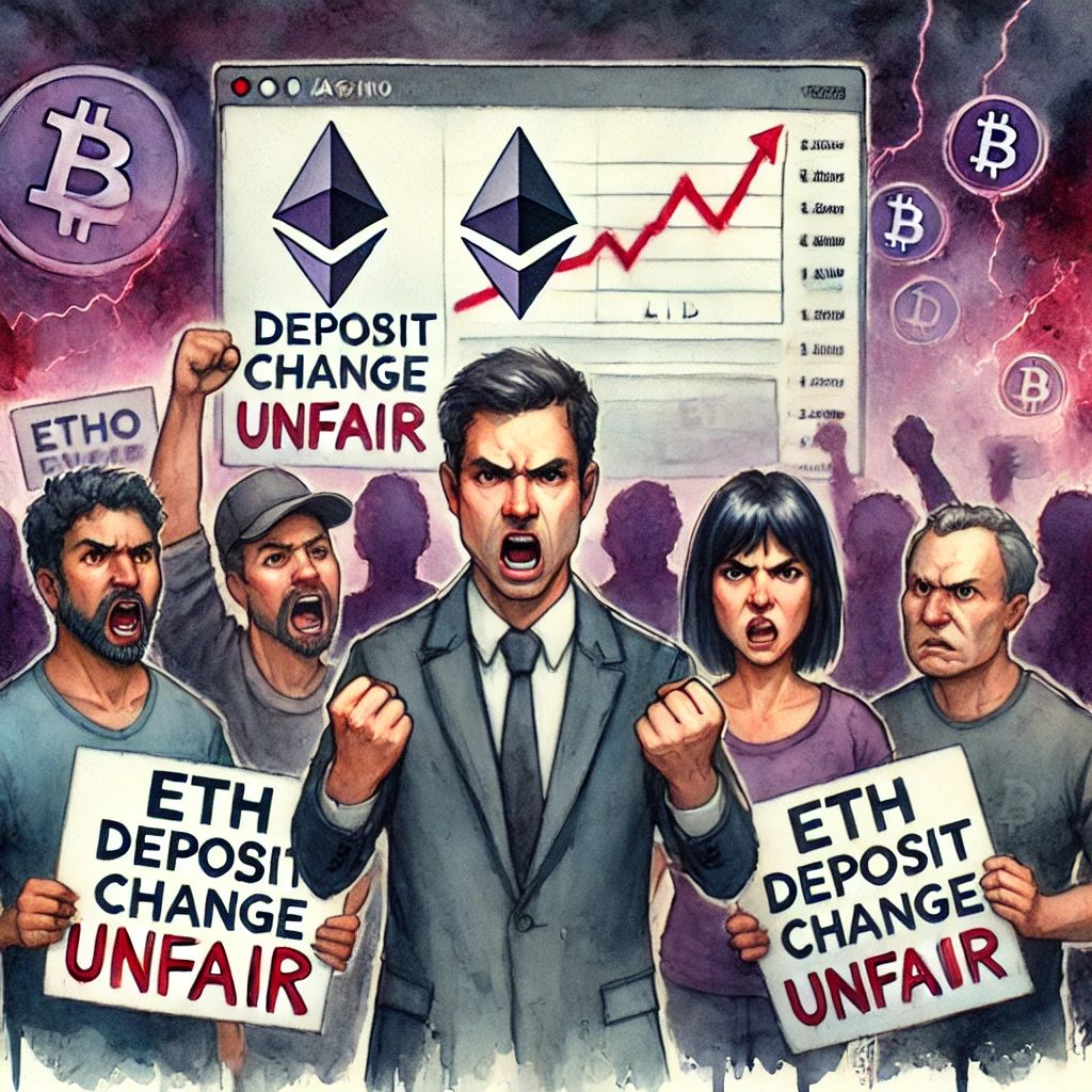 DALLE 2024-09-17 044040 - Watercolor painting of an upset group of cryptocurrency users protesting in front of ZKasino with signs that read ETH Deposit Change Unfair In the - innovaTopia