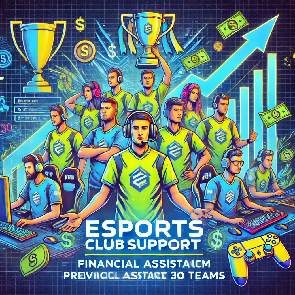 DALLE 2024-09-19 061424 - An illustration representing the EWCFs esports club support program providing financial assistance to 30 teams The image features a group of esports - innovaTopia